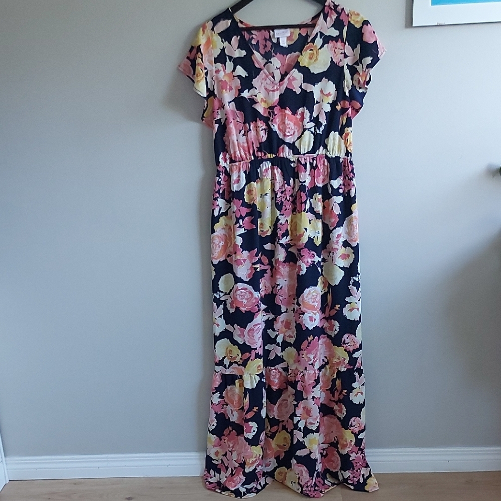 Isabel Maternity by Ingrid & Isabel Pink and Yellow Flutter Sleeve Sundress